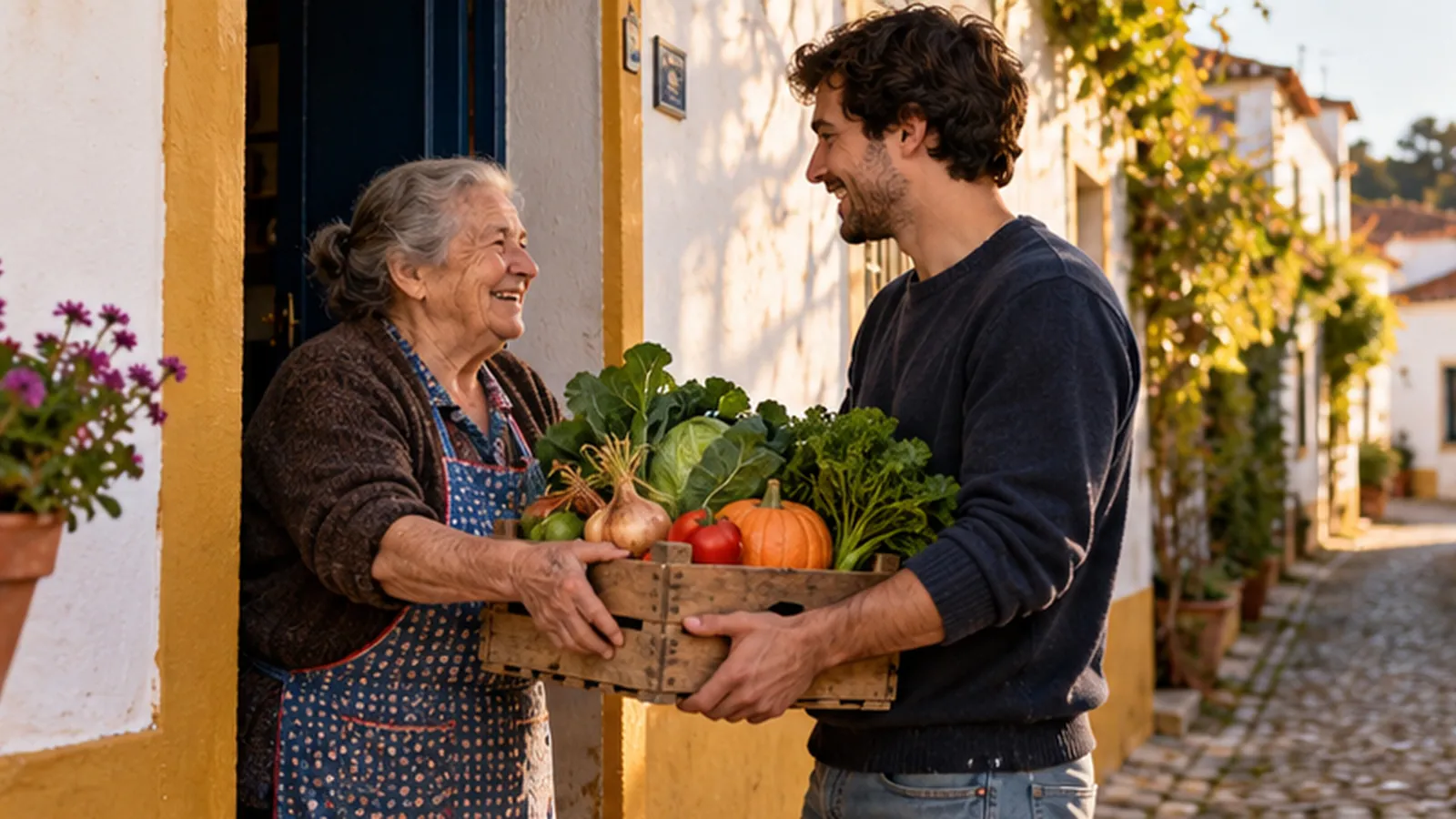 Uma senhora entrega uma caixa de legumes da horta a um rapaz, à porta de casa, numa rua da aldeia.