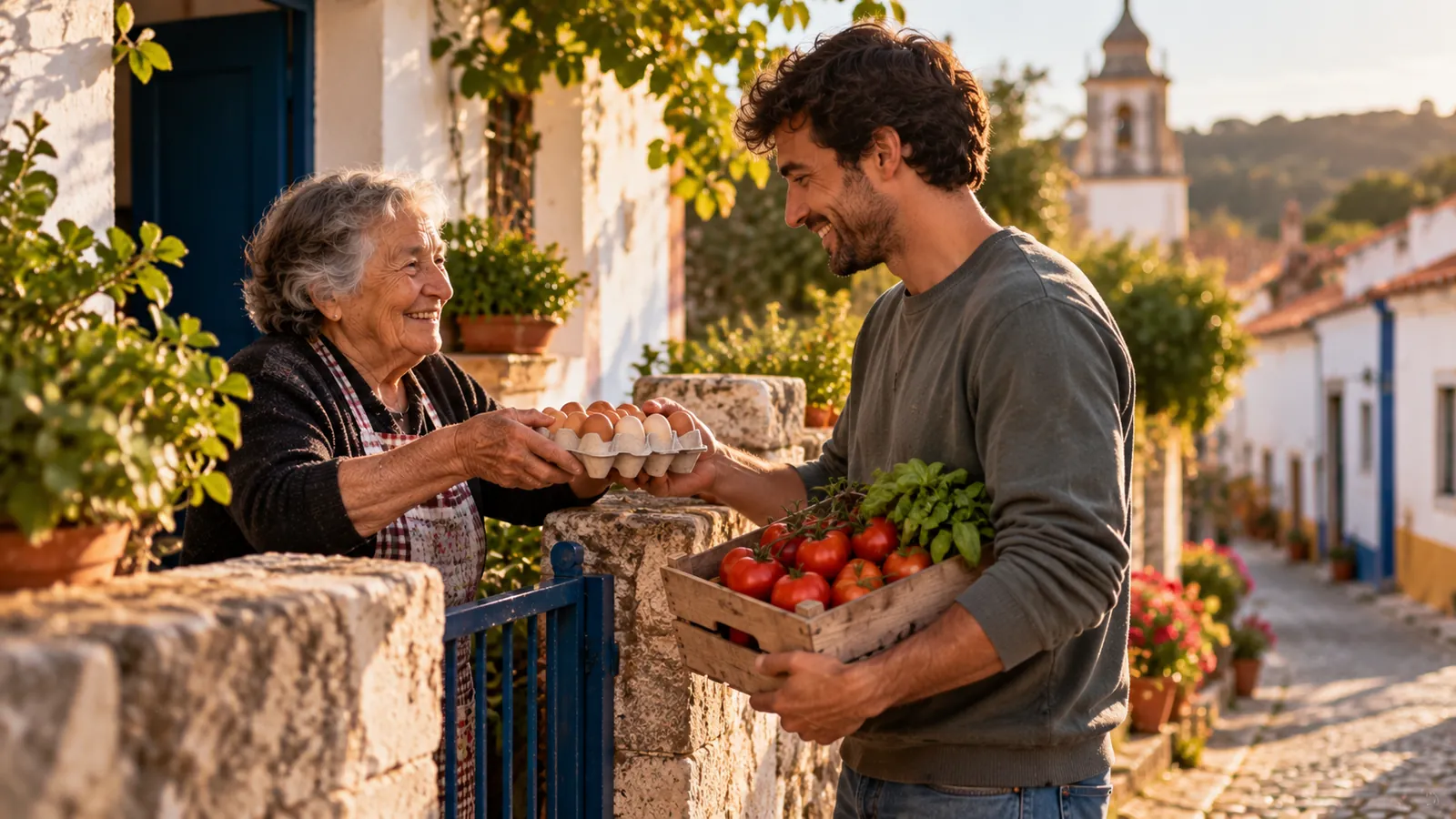 Por cima do muro, uma senhora entrega uma caixa de ovos a um rapaz que traz uma caixa de tomates da horta.