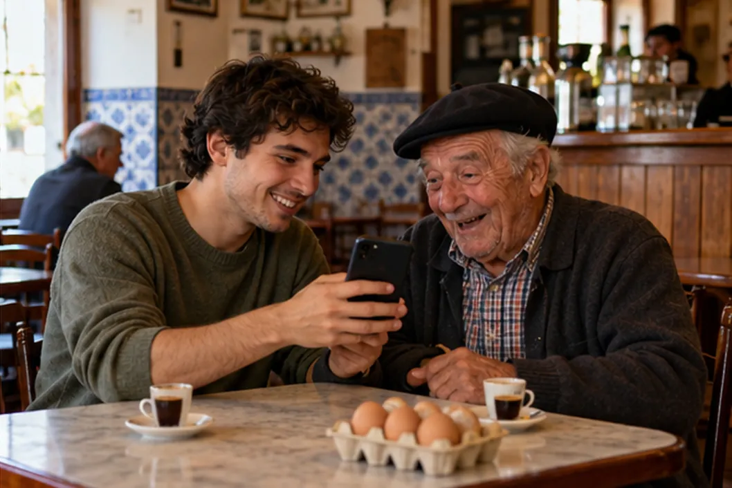 Um rapaz mostra o telemóvel a um senhor de boina no café da aldeia; na mesa há uma caixa de ovos.